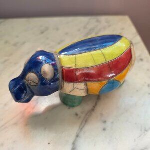 Vintage Raku Pottery Hippo Figurine Signed Studio Art House Hippo